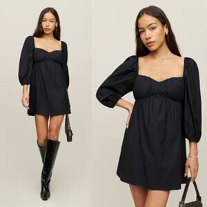 Reformation Farley Puff-Shoulder Organic Cotton-Blend Midi Dress Black Size 12